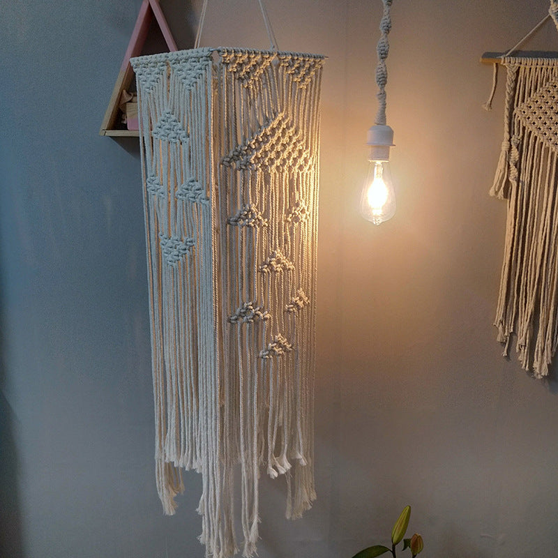 White Pendulum Light - Traditional Rope Braided Rectangle Suspension Lamp For Bedroom