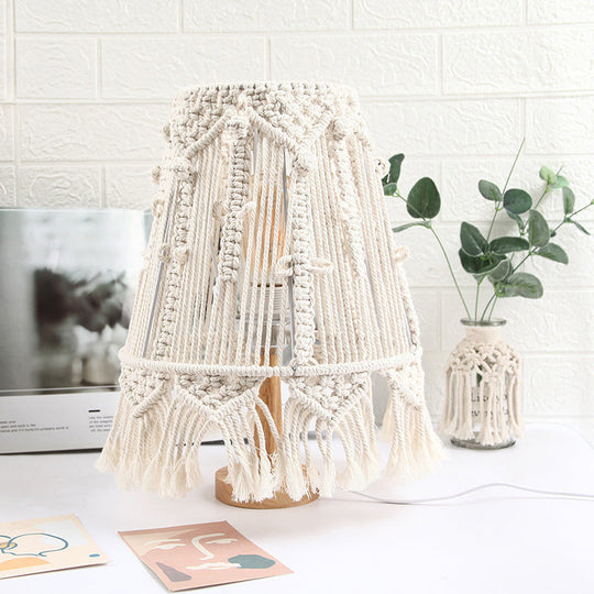 Country Style Yellow Nightstand Lamp With Tassel Fringe For Bedroom