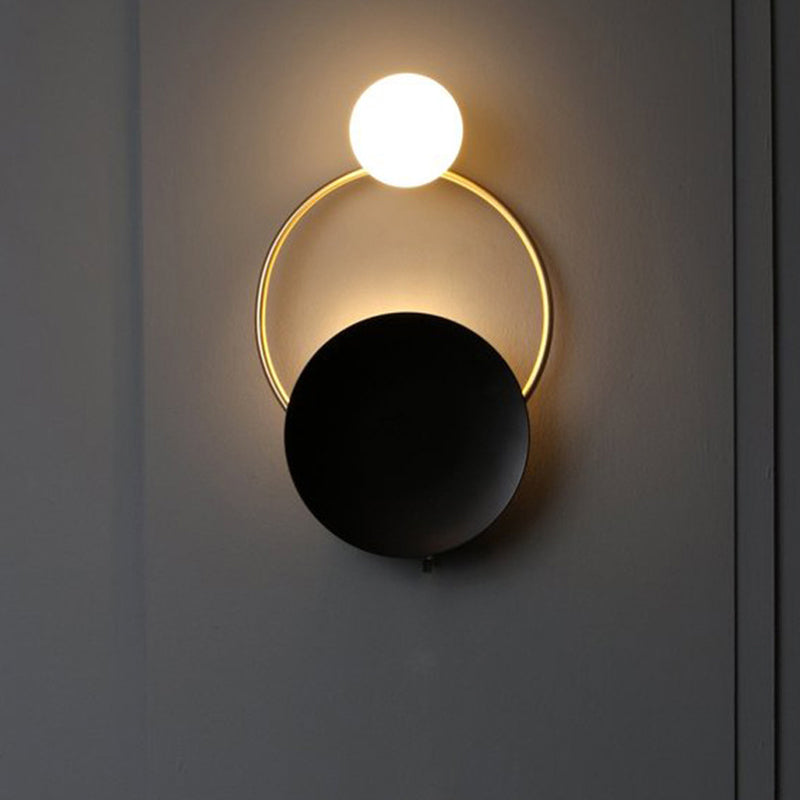 Modern Metal Planet Wall Mount Lamp - 1 Light Black Finish Opal Glass Fixture