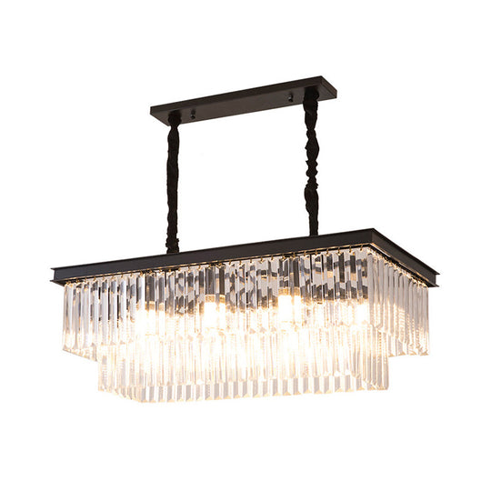 Country Dining Room Island Lamp With Rectangular Crystal Shade - 8 Bulbs Hanging Light Kit Black