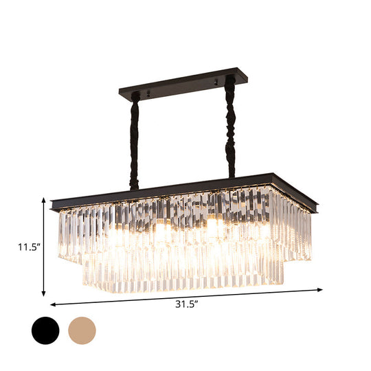Country Dining Room Island Lamp With Rectangular Crystal Shade - 8 Bulbs Hanging Light Kit
