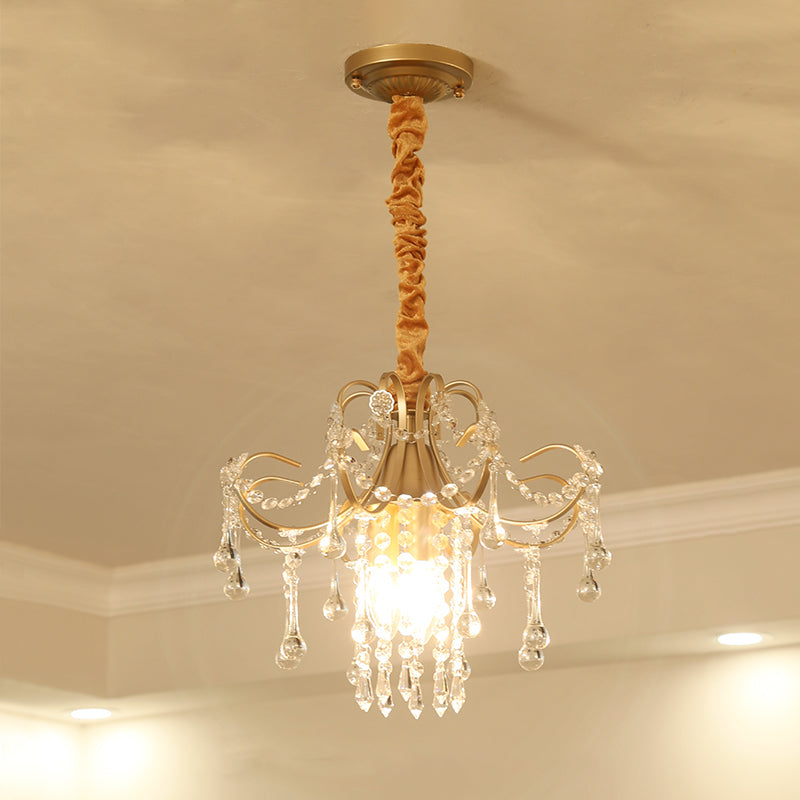 Traditional Brass Chandelier With Crystal Draping - Curved Pendant Lamp 3 Bulbs