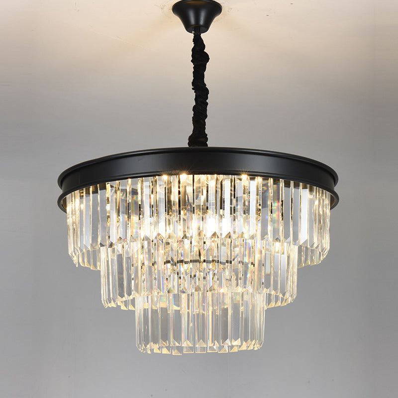 Country Black Finish Crystal Chandelier With 12 Tiered Round Pendulum Lights