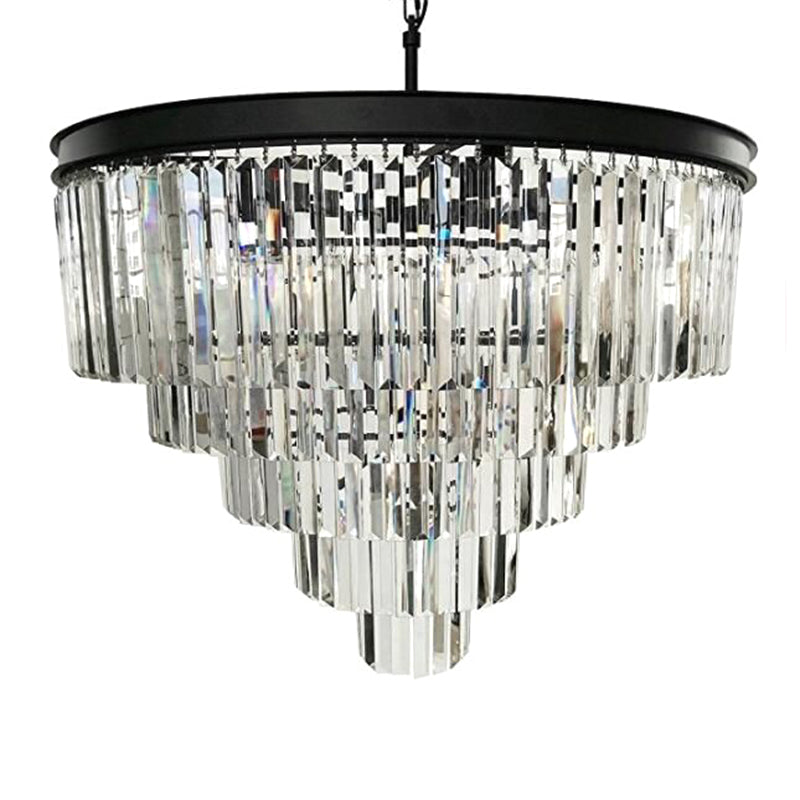 Country Black Finish Crystal Chandelier With 12 Tiered Round Pendulum Lights