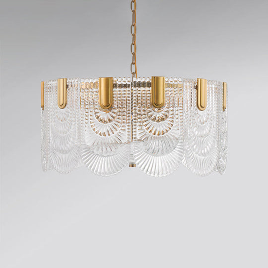 Scalloped Clear Textured Glass Drop Lamp Classic Dining Room Chandelier Light Fixture in Brass