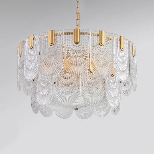 Scalloped Clear Textured Glass Drop Lamp Classic Dining Room Chandelier Light Fixture in Brass