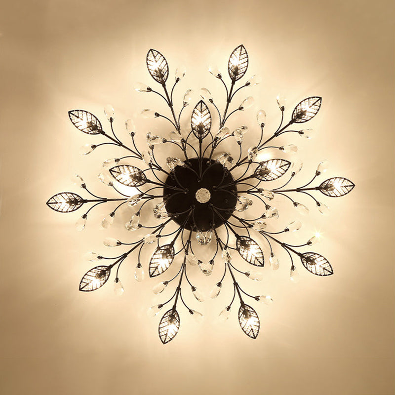 Classic Clear Crystal Led Semi-Flush Mount Ceiling Light With Leaf Design For Corridors 15 / Black