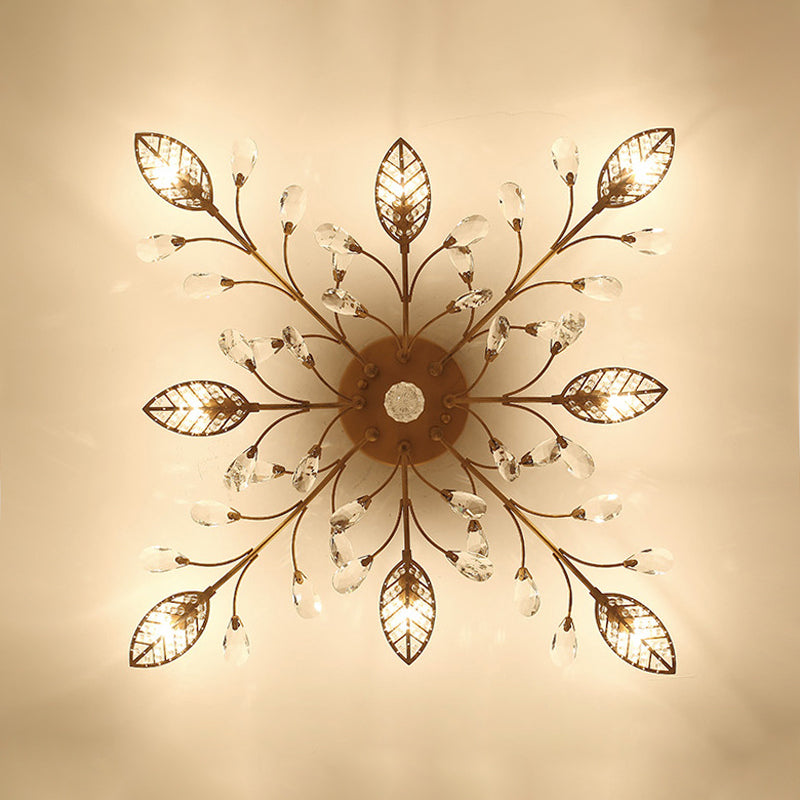 Classic Clear Crystal Led Semi-Flush Mount Ceiling Light With Leaf Design For Corridors 8 / Gold