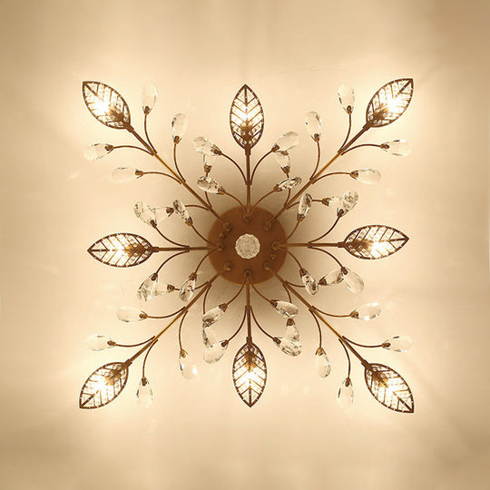 Classic Clear Crystal Led Semi-Flush Mount Ceiling Light With Leaf Design For Corridors 8 / Gold