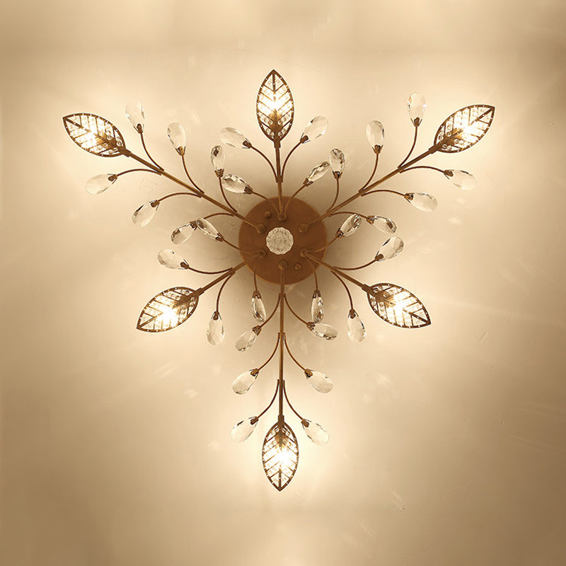 Classic Clear Crystal Led Semi-Flush Mount Ceiling Light With Leaf Design For Corridors 6 / Gold