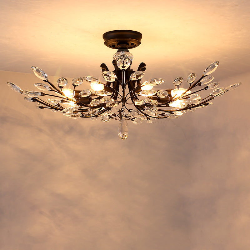 Rustic Crystal Led Semi Flush Light For Living Room Black Ceiling Lighting