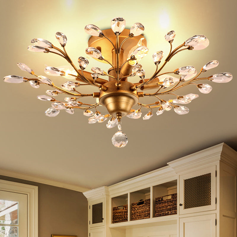 Clear Crystal Semi Flush Ceiling Fixture - 4 Bulb Traditional Branching Design For Bedroom