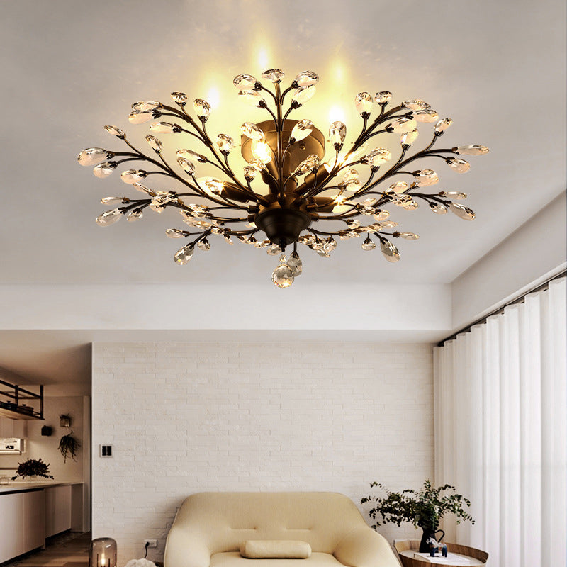 Rustic Crystal Semi-Flush Mount Bedroom Ceiling Light With Entwining Branch Design