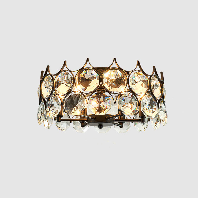 Classic Black Crystal Embedded Ceiling Lamp - Round Dining Room Semi Flush Light Fixture (8 Heads) /