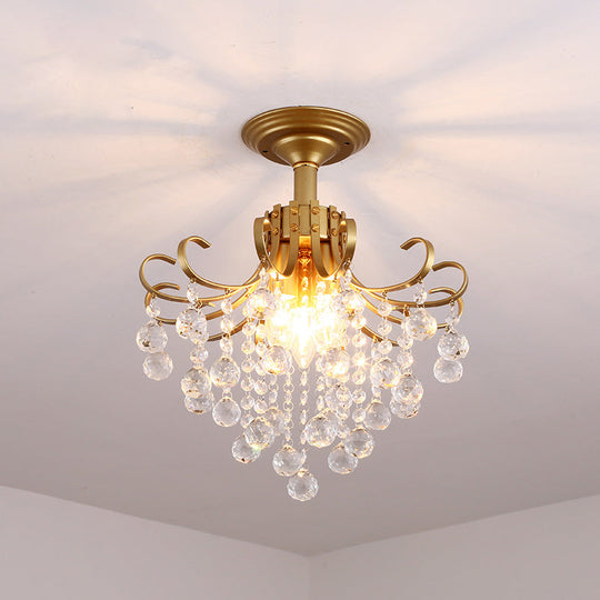 Farmhouse Bent Arm Frame Ceiling Light With Crystal Droplet - 3-Light Metal Semi Flush Mount Gold /