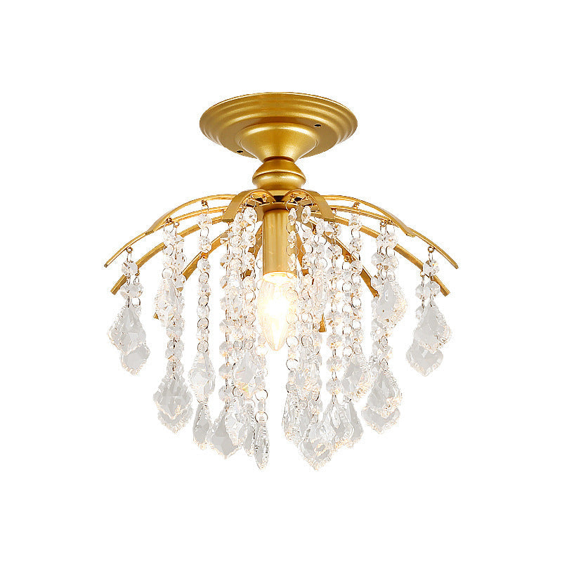 Rustic Metal Branch Semi Flush Mount Ceiling Light With Crystal Accent - 1 Head Hallway Lighting