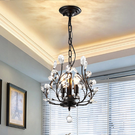 Traditional Crystal Leaves Chandelier: Elegant 3-Bulb Pendant Light For Dining Room Black