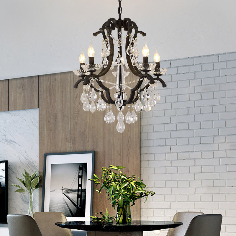 Classic Black Metal Chandelier With Crystal Accent - Elegant Living Room Pendant Light
