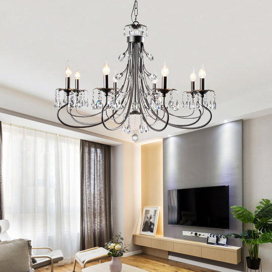 Farmhouse Metal Chandelier: Black Curved Design With Crystal Pendant Lighting And Candle-Inspired
