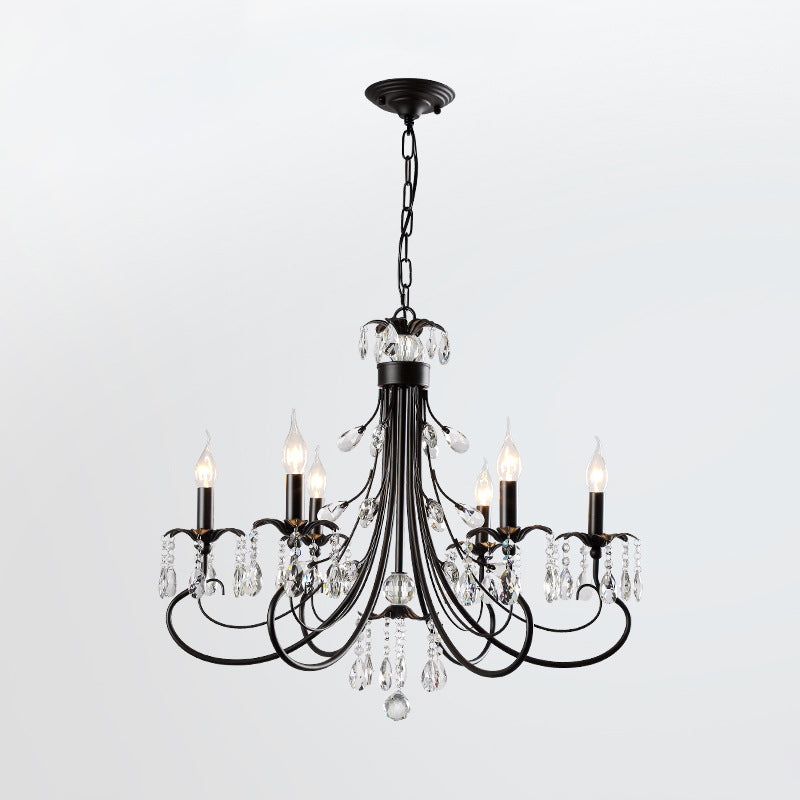 Farmhouse Metal Chandelier: Black Curved Design With Crystal Pendant Lighting And Candle-Inspired
