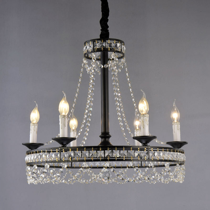 Country-Style Crystal Chandelier With Black Pendant Lamp And Wagon Wheel Design