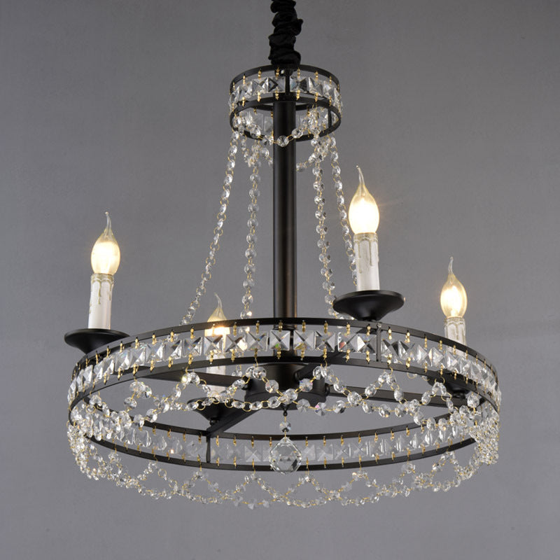 Country-Style Crystal Chandelier With Black Pendant Lamp And Wagon Wheel Design 4 /