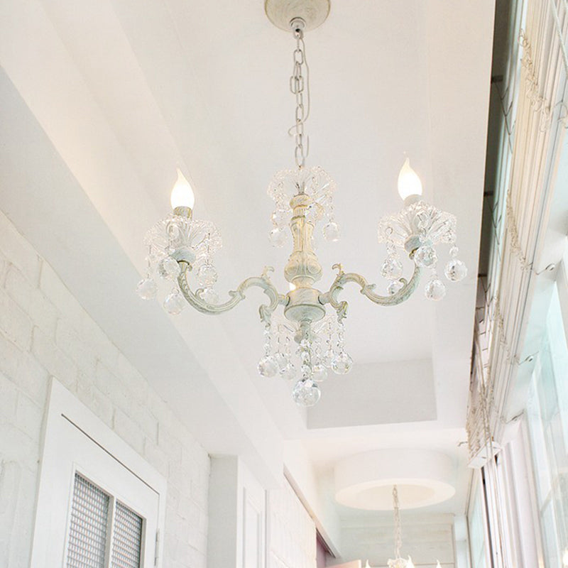 Rustic Metal Candle Suspension Lamp With Crystal Draping - White Corridor Chandelier