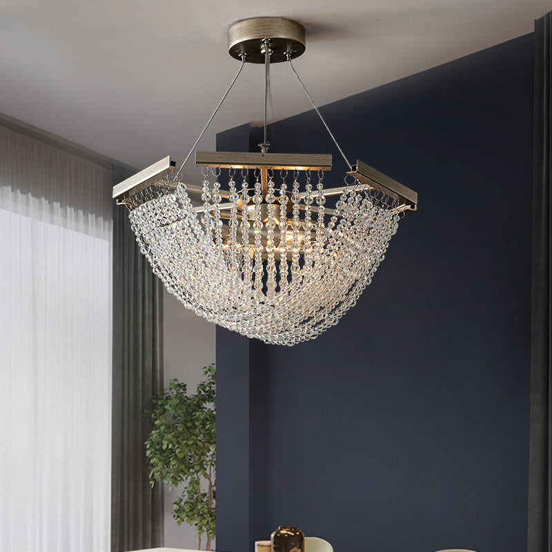 Silver Crystal Strand Chandelier Pendant Light For Traditional Living Room