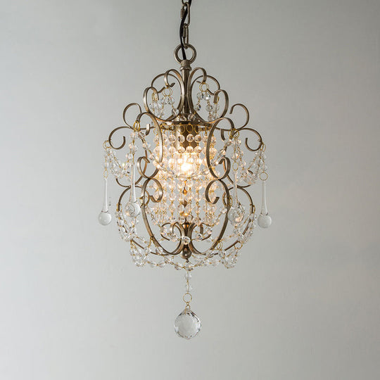 Traditional Metal Pendant Light Kit With Scrolled Frame Crystal Droplet And 1