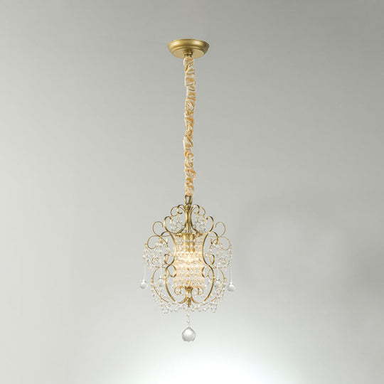 Traditional Metal Pendant Light Kit With Scrolled Frame Crystal Droplet And 1 Brass