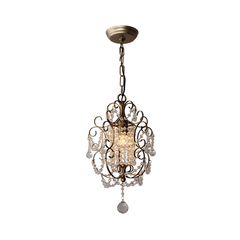 Traditional Metal Pendant Light Kit With Scrolled Frame Crystal Droplet And 1