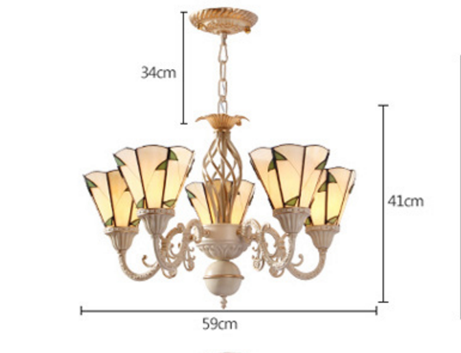 Tiffany Stained Glass Cone Chandelier with Leaf Pattern - 5 Lights in Beige