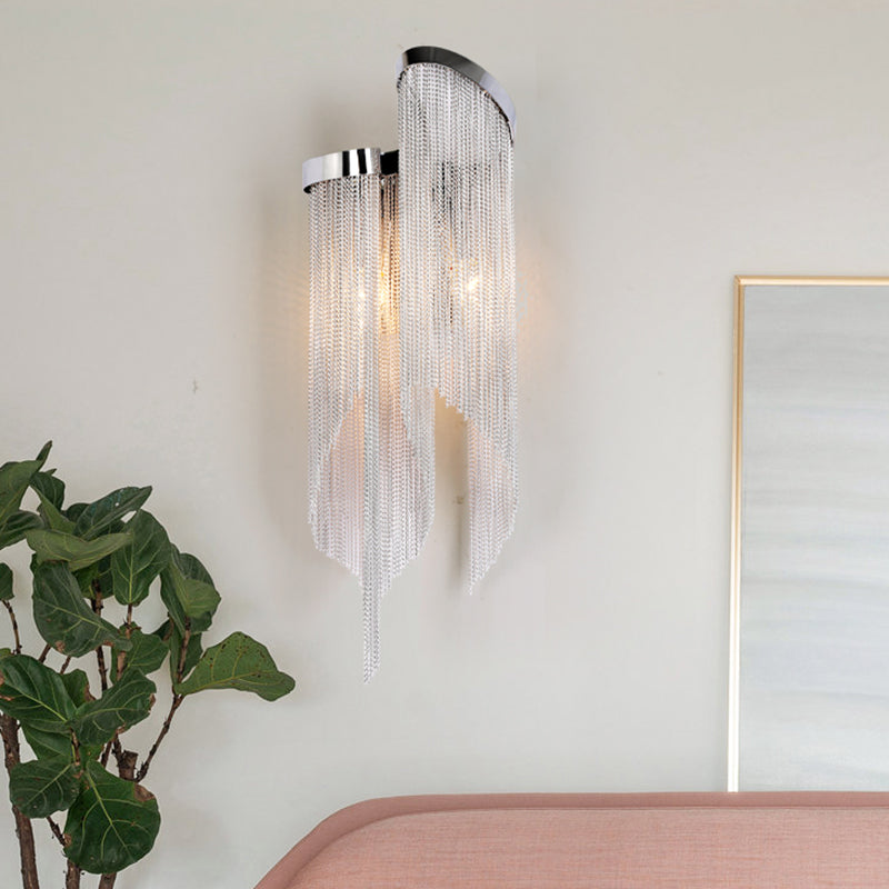 Modernist Aluminum Wall Light Sconce With Tassel Chain - 2 Bulbs Mounted Lamp For Living Room