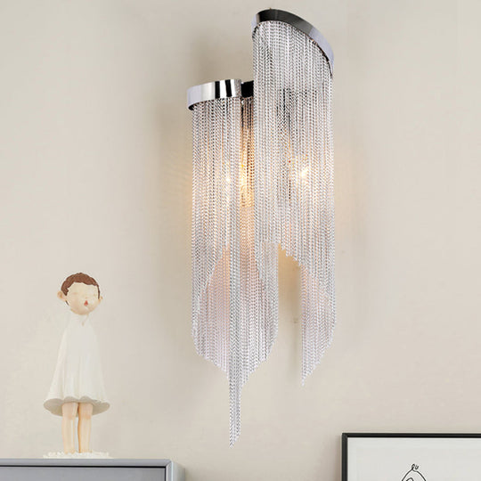 Modernist Aluminum Wall Light Sconce With Tassel Chain - 2 Bulbs Mounted Lamp For Living Room