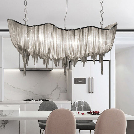 Modern Minimalist Led Chandelier With Aluminum Draped Chains - Perfect For Dining Rooms Silver
