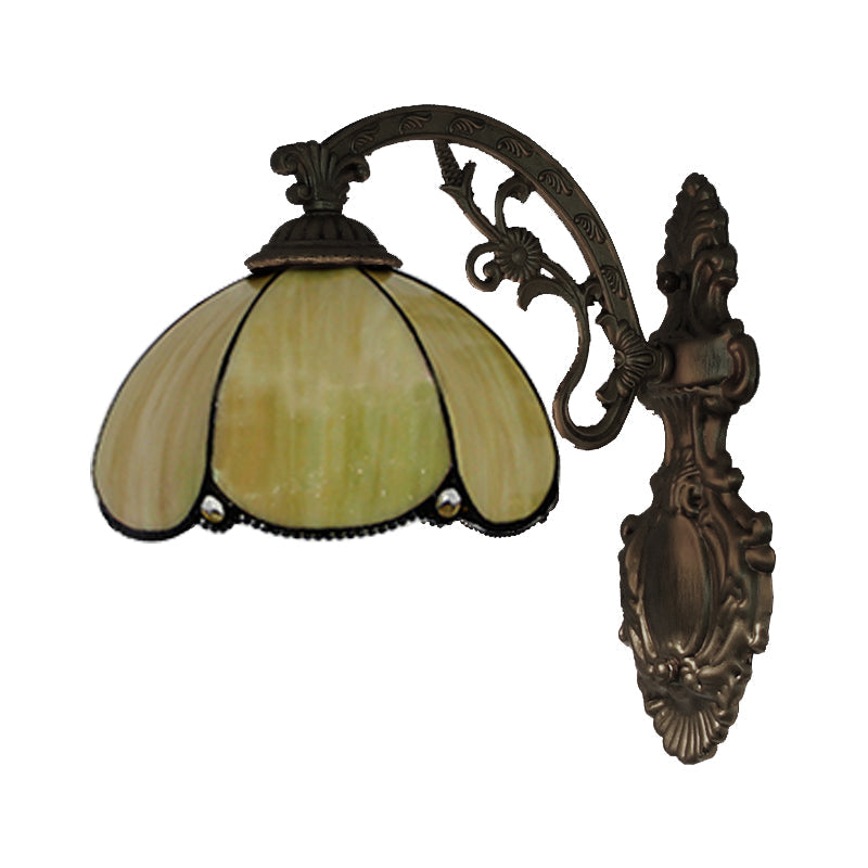 Floral Stained Glass Wall Sconce Light In Antique Brass - Blue/Beige Shade With 1 Head Mount