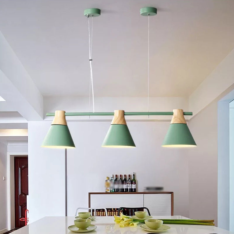 Modern Metallic Cone Hanging Light Kit With Wood Top - 3 Heads Island Lighting Fixture Green