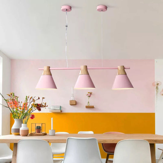 Modern Metallic Cone Hanging Light Kit With Wood Top - 3 Heads Island Lighting Fixture Pink
