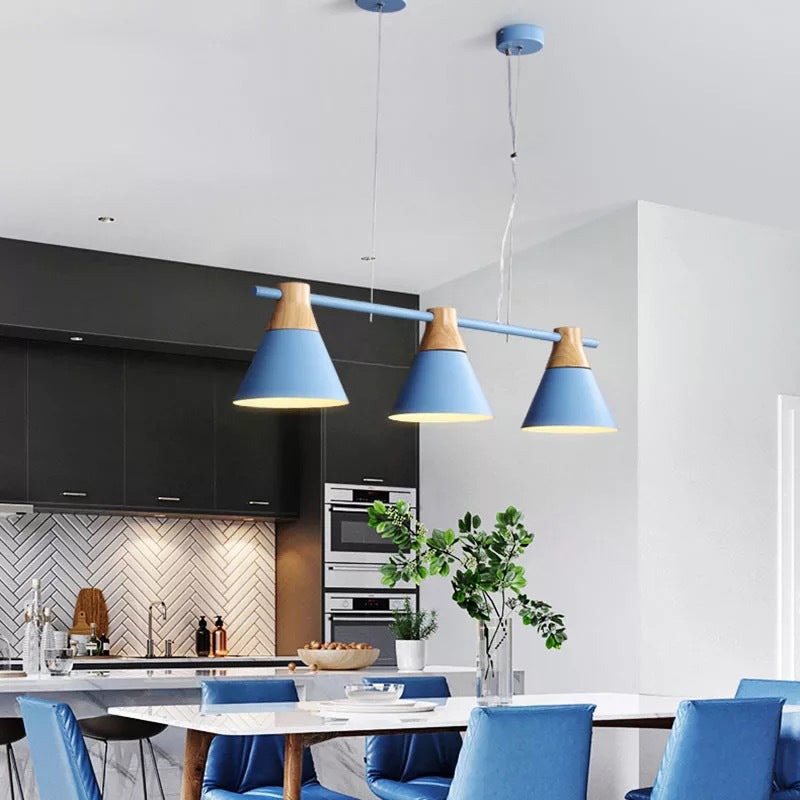 Modern Metallic Cone Hanging Light Kit With Wood Top - 3 Heads Island Lighting Fixture Blue