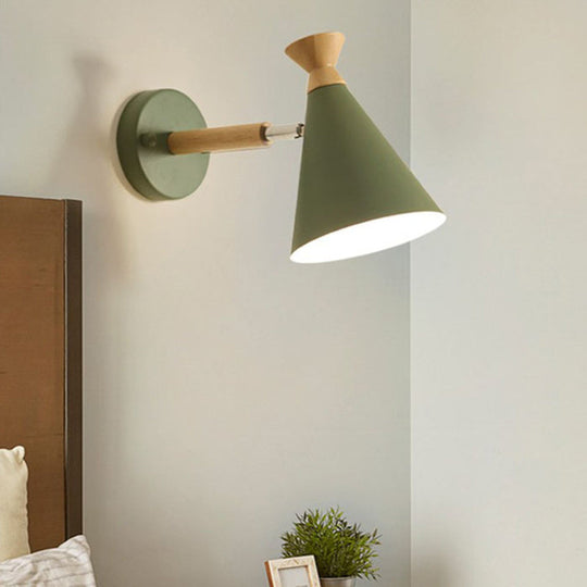Contemporary Iron Conical Wall Lamp With Wood Top - Stylish Mounted 1-Bulb Lighting Solution Green