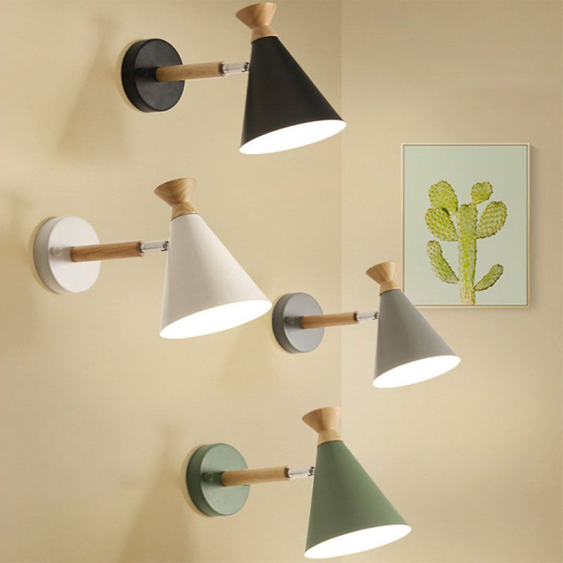 Contemporary Iron Conical Wall Lamp With Wood Top - Stylish Mounted 1-Bulb Lighting Solution