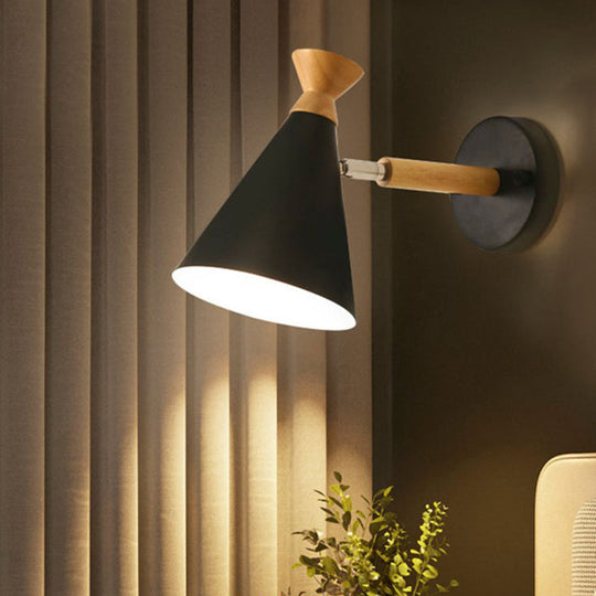 Contemporary Iron Conical Wall Lamp With Wood Top - Stylish Mounted 1-Bulb Lighting Solution Black