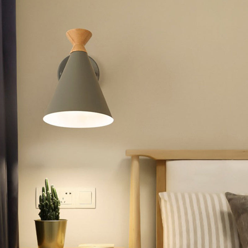 Contemporary Iron Conical Wall Lamp With Wood Top - Stylish Mounted 1-Bulb Lighting Solution Grey
