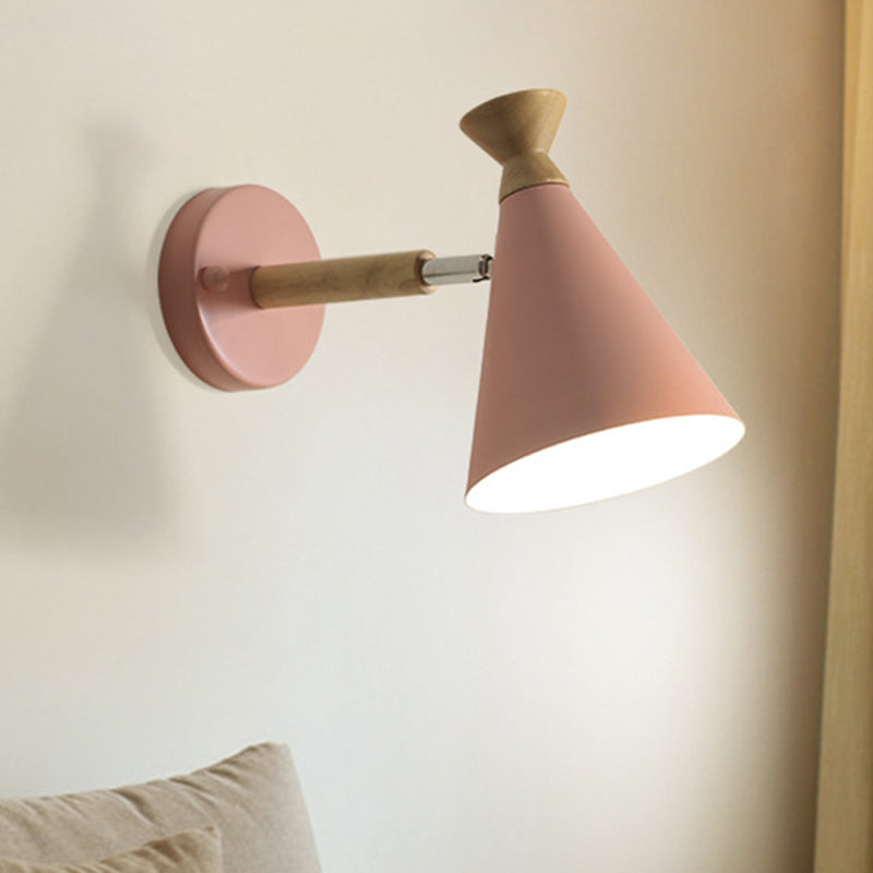Contemporary Iron Conical Wall Lamp With Wood Top - Stylish Mounted 1-Bulb Lighting Solution Pink