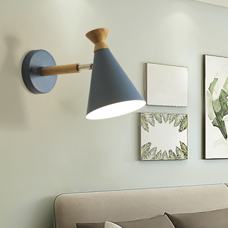 Contemporary Iron Conical Wall Lamp With Wood Top - Stylish Mounted 1-Bulb Lighting Solution Blue