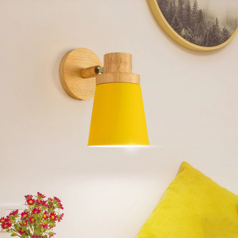 Minimalist Metal 1-Head Barrel Wall Lamp Sconce With Wood Backplate - Stylish Living Room Light