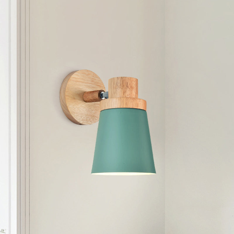 Minimalist Metal 1-Head Barrel Wall Lamp Sconce With Wood Backplate - Stylish Living Room Light