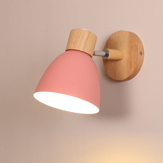Macaron Wood Wall Mounted Lamp With Dome Aluminum Shade - Corridor Light Fixture Pink