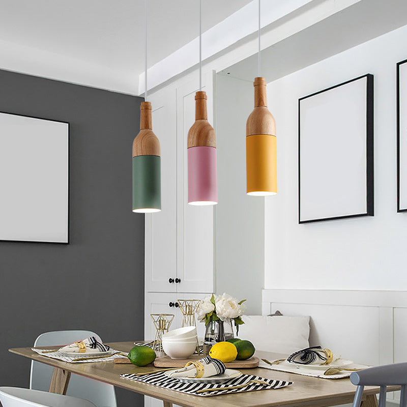 Sleek Bottle-Shaped Cluster Pendant Light: Simplicity Metal with Wood Suspension - Perfect for Dining Room