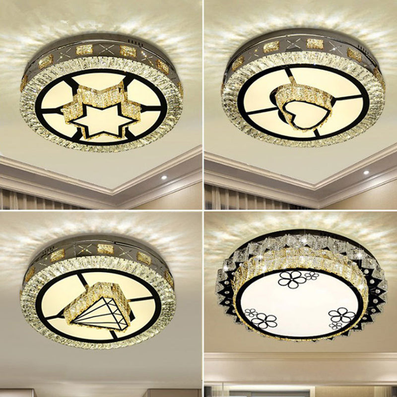 Modern Round Stainless Steel Flush Mount Led Ceiling Light With Clear Crystal